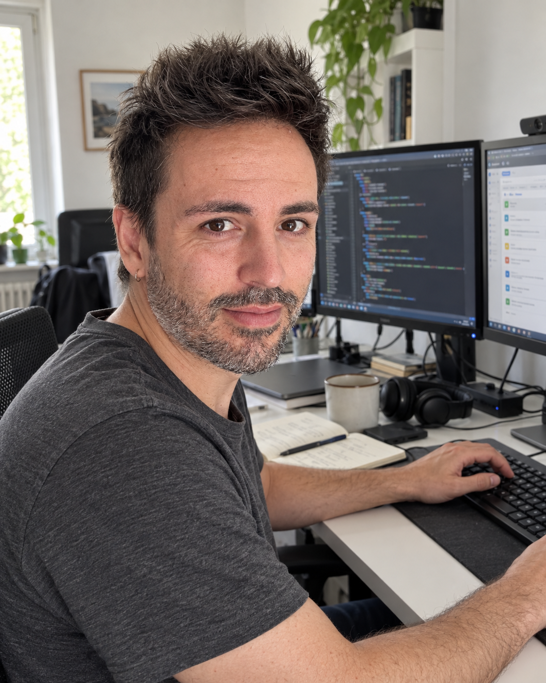 Jascha Renner am Entwickler-Schreibtisch mit zwei Monitoren
