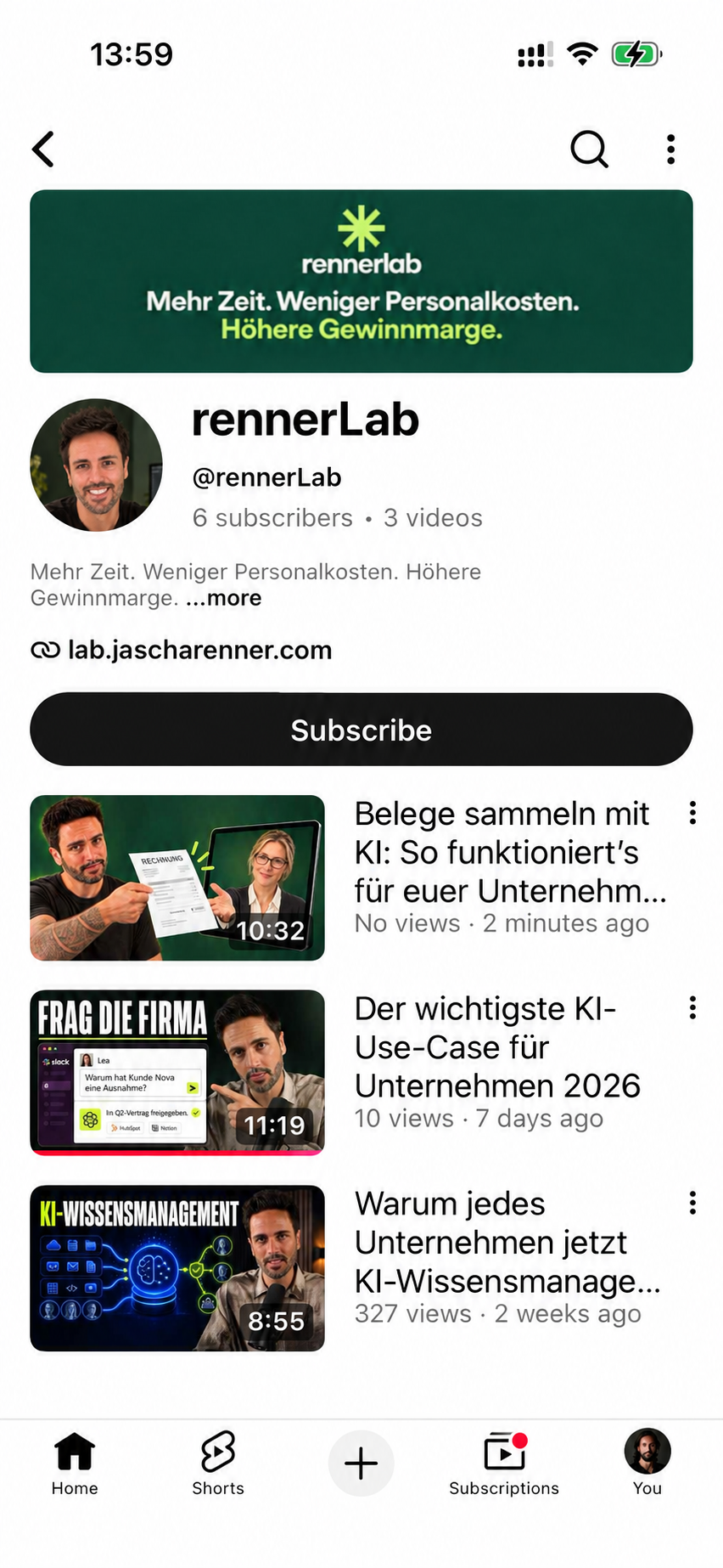 Aktuelle RennerLab-Kanalübersicht, Screenshot für den hellen Modus bearbeitet