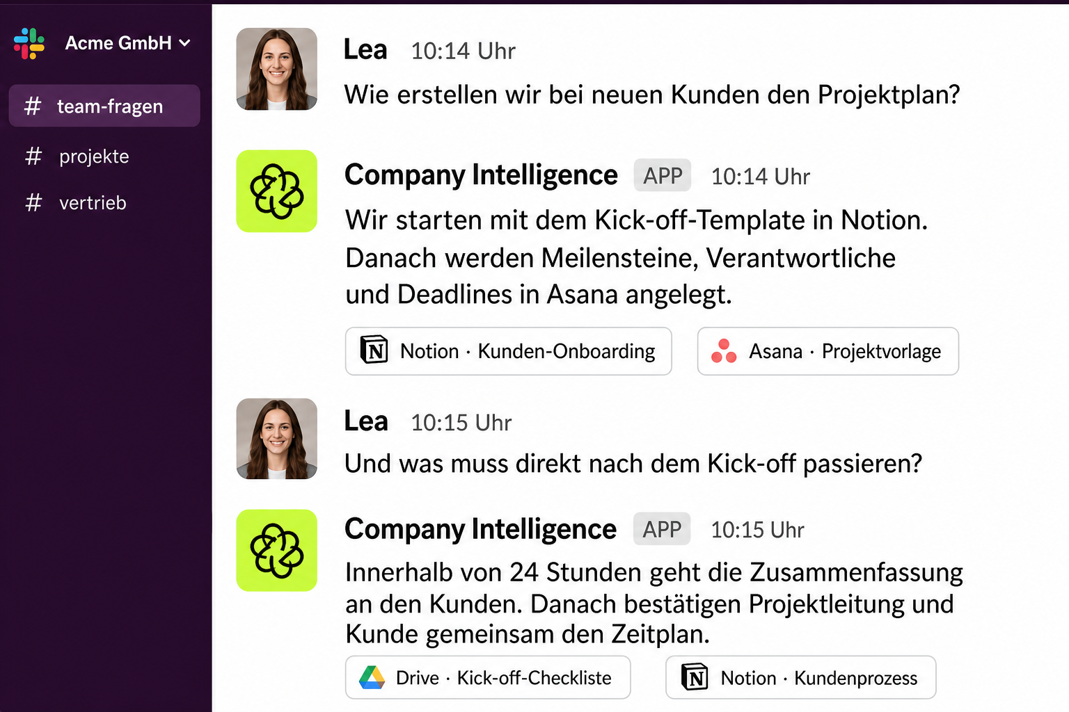 Beispiel eines Knowledge Agents mit belegten Antworten aus dem Firmenwissen in Slack